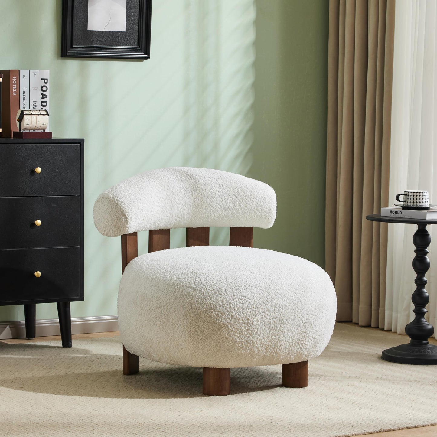 Christopher Knight Home Elvina Boucle Fabric Accent Chair, Solid Wood Single Lounge Sofa, Bedroom Comfy Reading Chair, for Modern Minimalist Style Living Room/Home Office, Milky White+Walnut