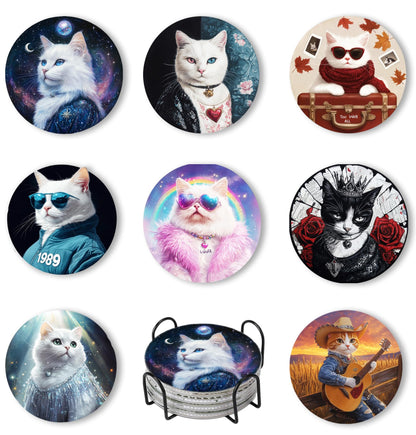 Puraikcmi 8PCs Diamond Paintings Coasters Kits Set, Cat Diamond Art Coasters with Holder, DIY Crafts Diamond Art Kits Adults Craft Diamond Gem Art Gift (Album Inspied Cat)