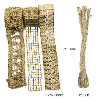 Allazone 46 PCS Natural Burlap Flowers Set, 3 Rolls Lace Burlap Ribbon and 40 PCS Handmade Burlap Rose Flowers, Twine Ribbon and Glue Point for DIY Craft Wedding Party Gift Decor