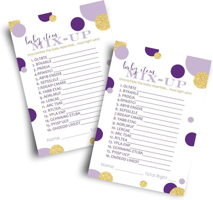 Purple and Gold Baby Shower Games - Word Scramble Game for Gender Reveal - 25 Pack, Royal Mermaid Design