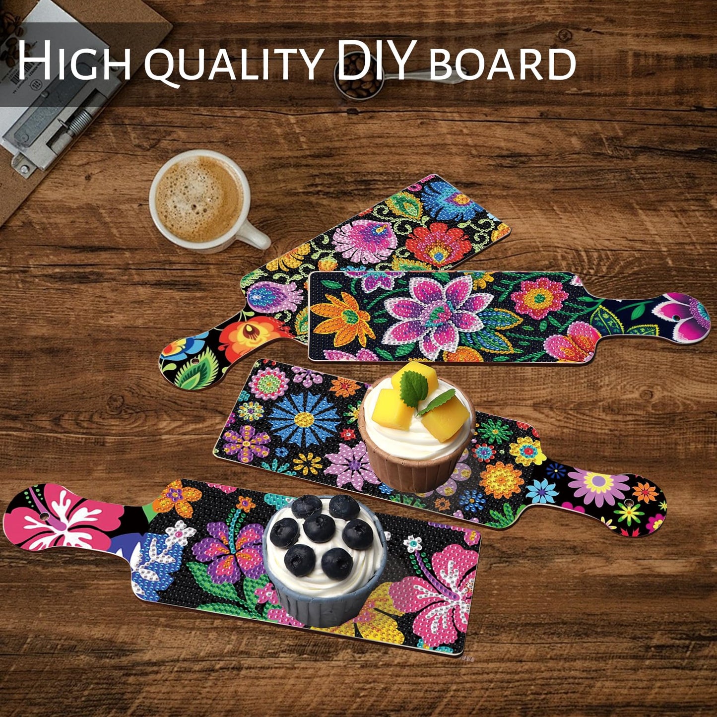 4 Pcs Diamond Art Painting Tray Board for Adults, DIY Crystal Rhinestones Diamond Art Board for Dining Table, Dessert Display Indoor Kitchen Dining Table Decoration New Year Gift (Flower Pattern)