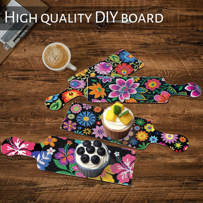 4 Pcs Diamond Art Painting Tray Board for Adults, DIY Crystal Rhinestones Diamond Art Board for Dining Table, Dessert Display Indoor Kitchen Dining Table Decoration New Year Gift (Flower Pattern)