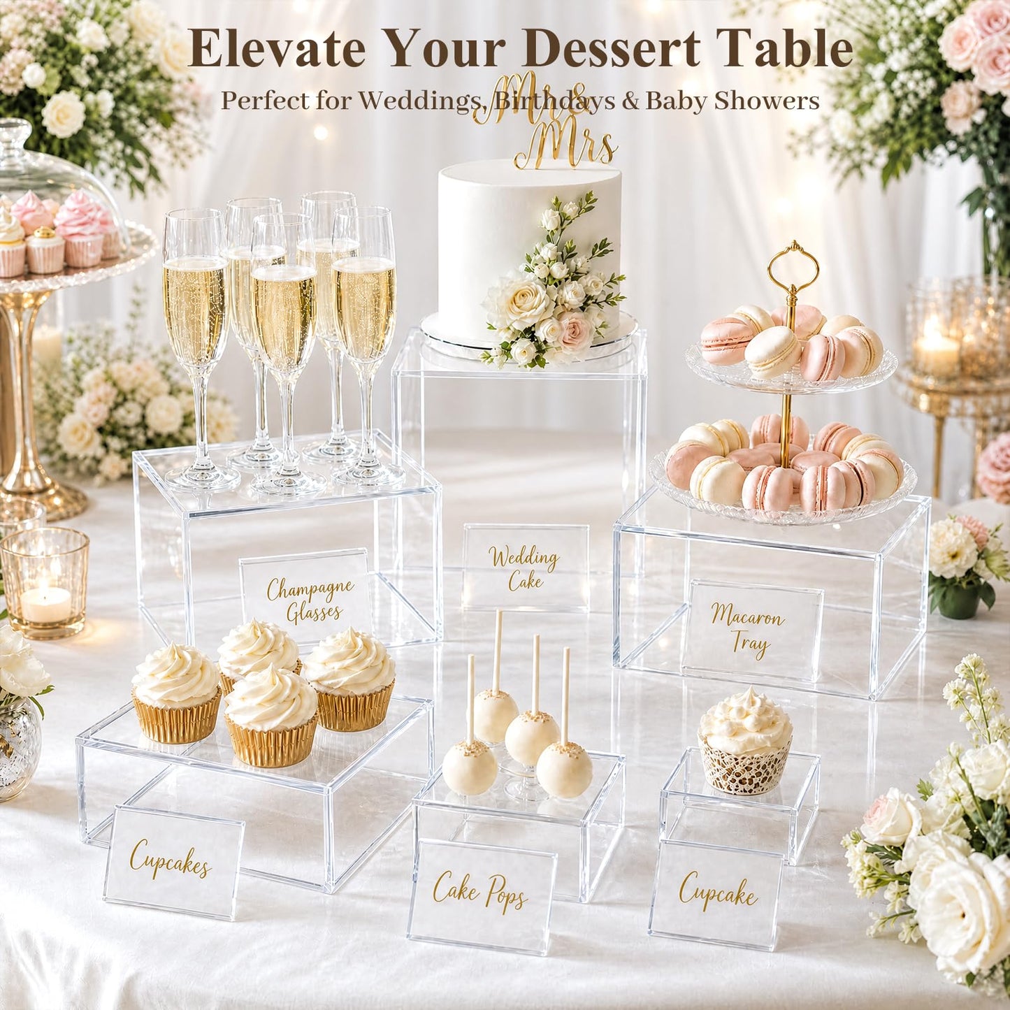 DomeStar 6PCS Clear and White Buffet Risers with Mini Sign, Food Risers Dessert Table Display Set for Buffet Table Party Catering Cupcake Cake Jewelry, Nesting Boxes for Food Display 8" 7" 6" 5" 4" 3"