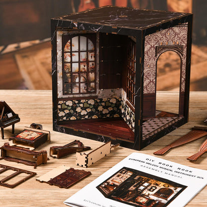Book Nook Kit for Adults,360° View DIY Miniature Dollhouse Kit with LED, Classical Music Room 3D Wooden Puzzle Bookshelf Insert Decor, Creative Hobby Gift for Teens and Men