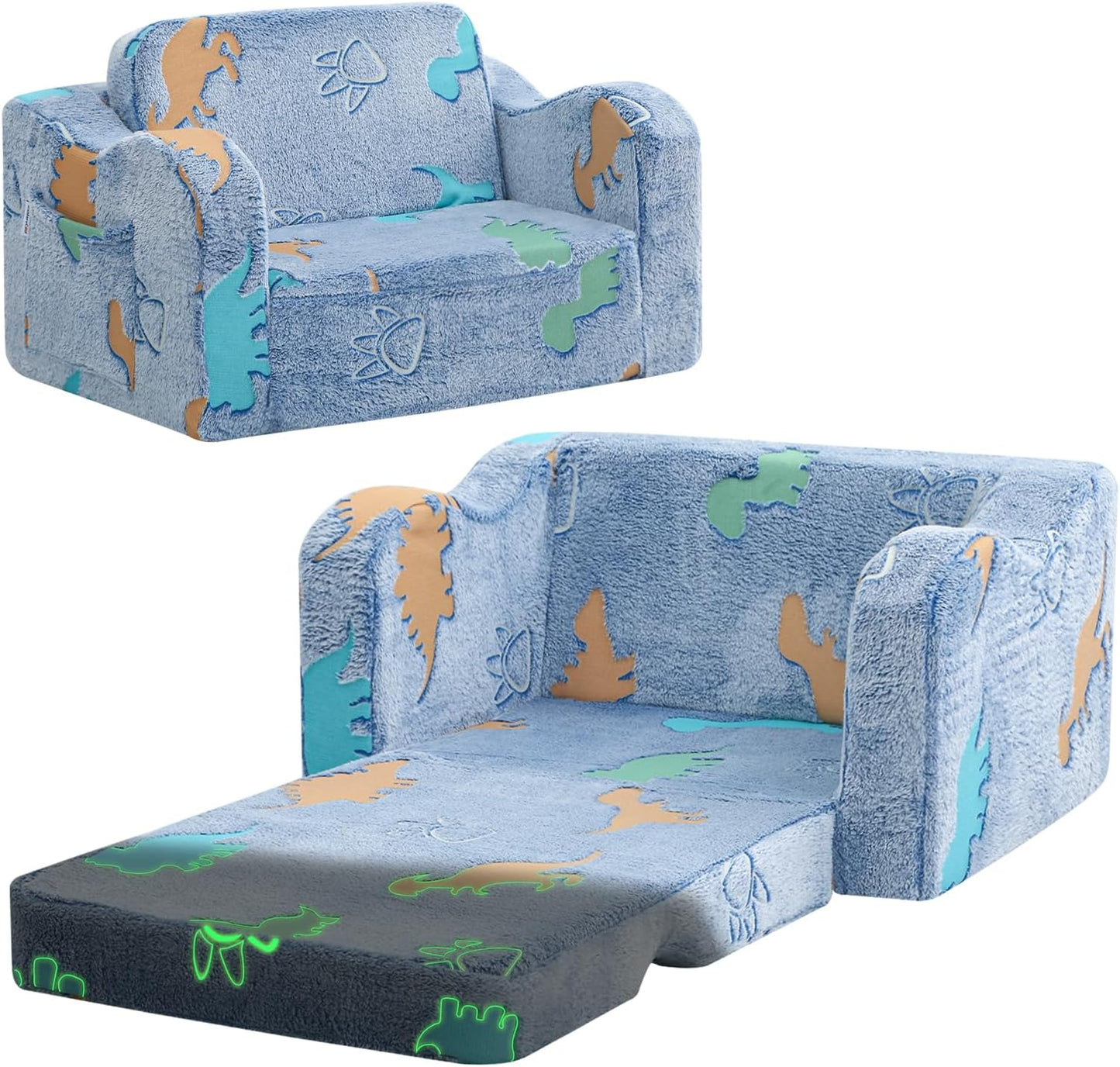 1-3, 2-in-1 MeMoreCool Glowing Dinosaur Kids Chair, Glow-in-the-Dark Kids Couch for Boys Ages Convertible Fold-Out Sofa