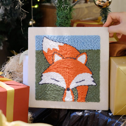 HAND U JOURNEY Animal Punch Needle Kit for Adults – 9.4"x9.4" Rug Yarn Hooking DIY Craft Kit with Adjustable Punch Pen – Fox Pattern Beginner Embroidery Set, Fun Handmade Gift