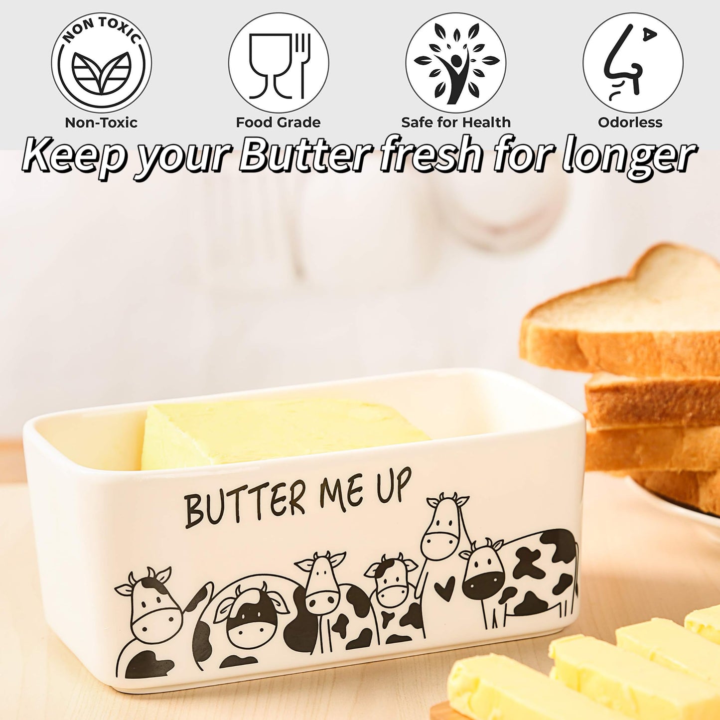 Lumicook Porcelain Butter Dish with Lid, Natural Bamboo Lid, Seal, Cow Butter Holder, Easily Fits 2 Sticks of Butter (Butter me up)