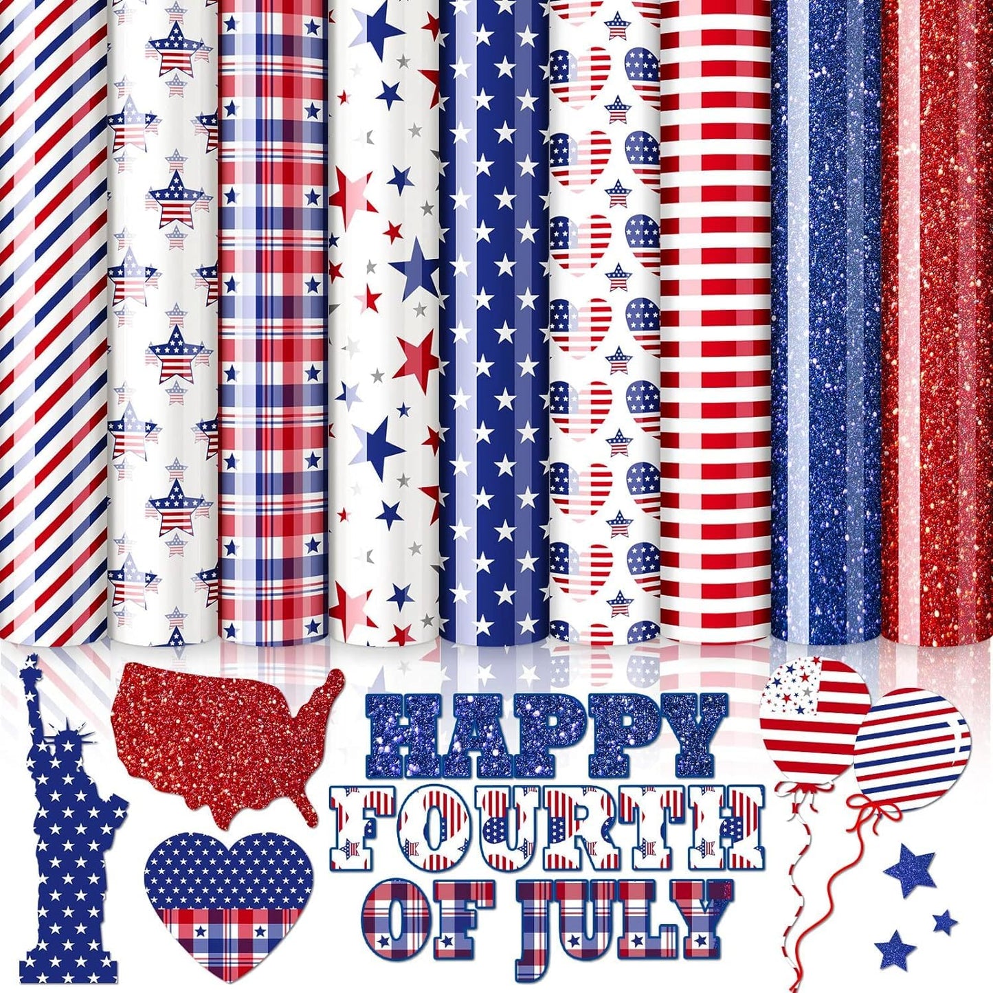 Whaline 9 Sheet Patriotic Heat Transfer Vinyl 4th of July Glitter Iron on Vinyl American Star Pattern HTV Adhesive Craft Vinyls for 250th Anniversary Independence Day DIY Fabric Craft, 9.6 x 11.8 Inch
