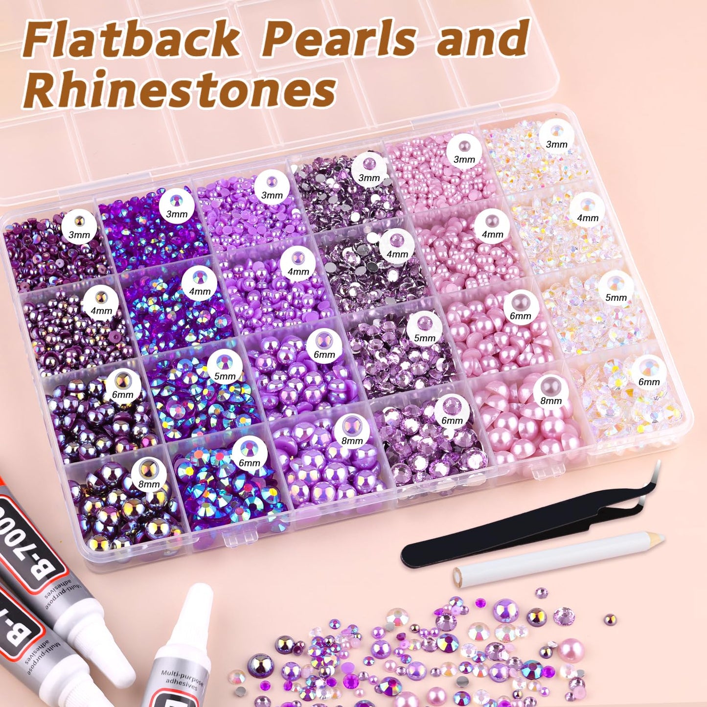 14000PCS Flatback Pearls and Rhinestones for Bedazzling Kit, Purple 3-10mm Resin Rhinestones and Half Pearls for Crafting, Nail Art Dec with 3pcs B7000 Jewelry Glue