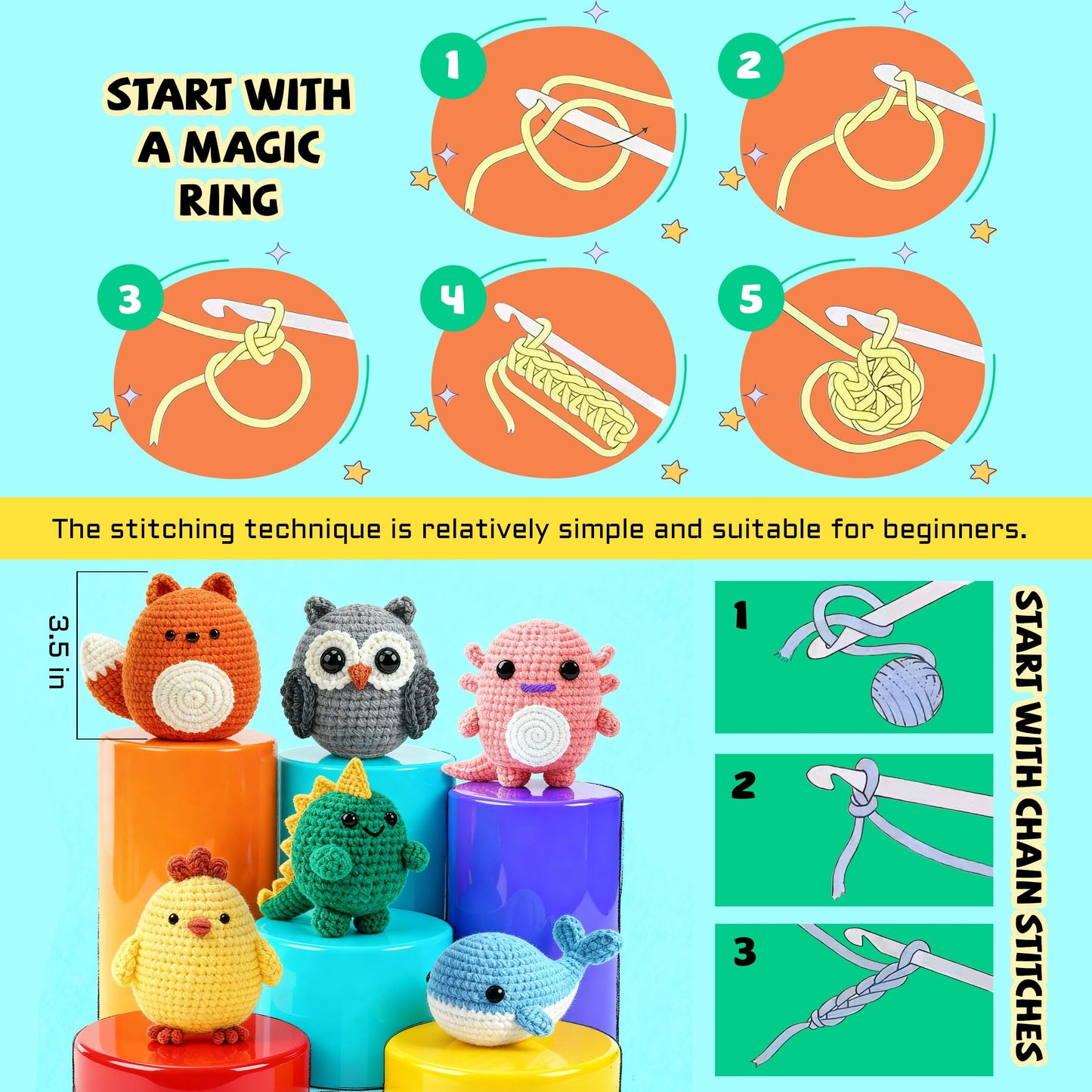 Joyclub Crochet Kit for Beginners 6 PCS Amigurumi Animal Family Crochet Starter Kit with Step-by-Step Video Tutorials 40% Extra Yarn DIY Craft Gifts for Adults Knitting Lovers Mother Teacher Graduates