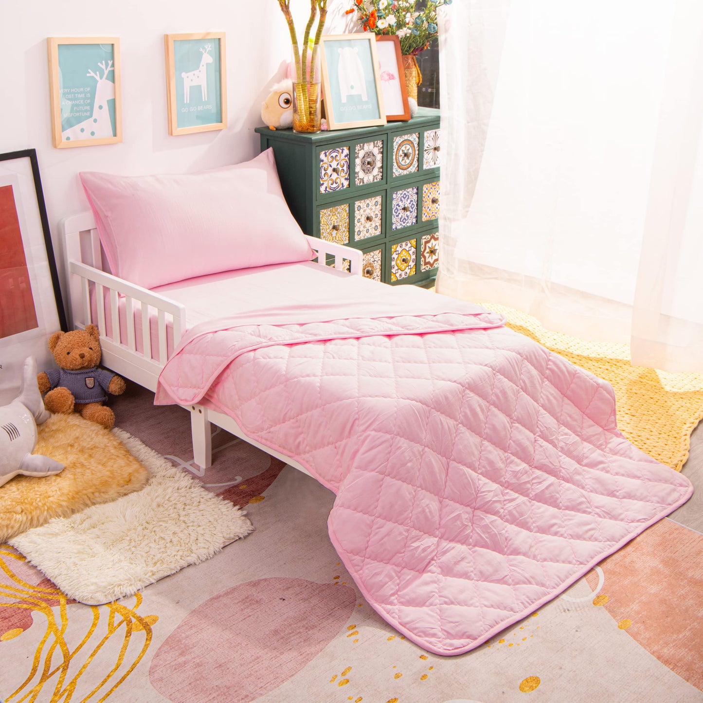 NTBAY Toddler Bedding Set - 4 Piece Soft and Breathable Crib Bedding Set for Boys and Girls, Includes Quilted Comforter, Fitted Sheet, Flat Top Sheet and Envelope Pillowcase, Pink