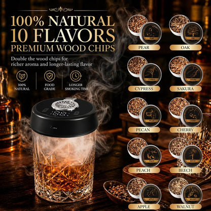Electric Whiskey Smoker Kit, Torch-Free Rechargeable Cocktail Smoker with 7 Color Lights, All-in-1 Gift Set with 2 Wooden Whiskey Glasses, 10 Wood Chips, Ice Molds & Steel Cubes for Men, Dad
