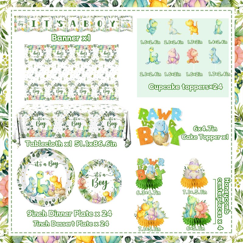 Dinosaur Baby Shower Decorations for Boy, It's a Boy Baby Shower Party Supplies Disposable Dino Plates Napkins Banner Tablecloth Cake Topper Balloon for Dinosaur Birthday Party Decorations, Serve 24