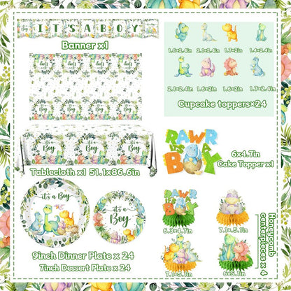 Dinosaur Baby Shower Decorations for Boy, It's a Boy Baby Shower Party Supplies Disposable Dino Plates Napkins Banner Tablecloth Cake Topper Balloon for Dinosaur Birthday Party Decorations, Serve 24