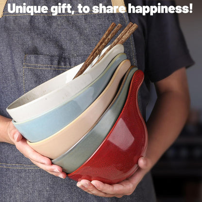 Artena Ramen Bowl Set - 42oz Ceramic Noodle Bowl with Chopsticks | Large Deep Soup & Pasta Bowl - White Gourd Design