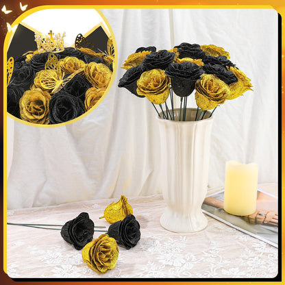 Ovveroche 36 PCS Glitter Roses Bouquet Kit, Black, Gold Sparkling Flower Arrangement with Stems, Butterflies, Crown, Wrapping Paper, Card, Ribbon for Wedding, Graduate, Birthday, DIY Crafts