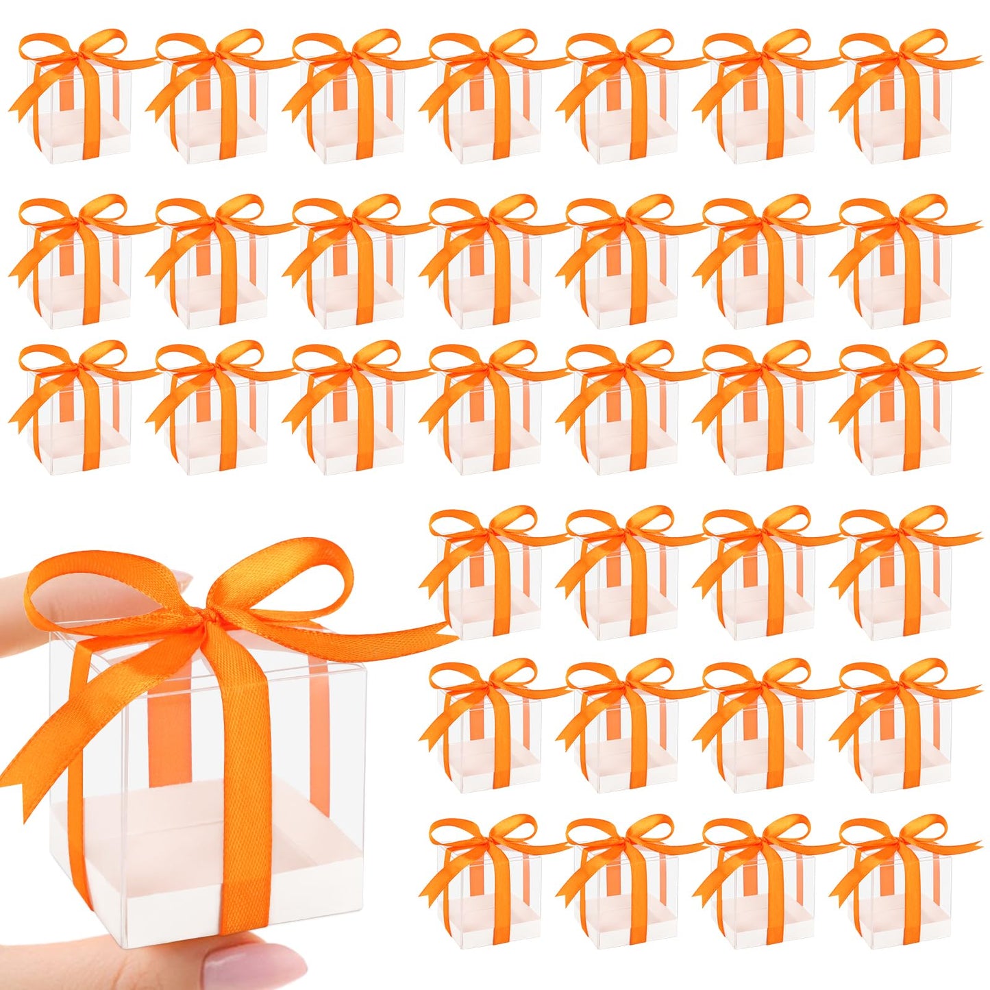 Hxezoc 50 Pack Favor Boxes 2x2x2 Inches Clear Candy Treat Boxes with Orange Ribbons, Mini Plastic Gift for Wedding, Birthday Party, Baby Shower, Classroom Decoration Supplies