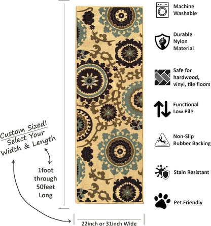 Custom Size Beige Floral Medallion Rubber Backed Non-Slip Hallway Stair Runner Rug, 31 Inch Wide, Choose Your Length