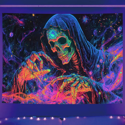 Starlit Patio Blacklight Skull Tapestry Skeleton UV Reactive Glowing Grim Reaper Wall Hanging Trippy Neon Skeleton Art Tapestry for Bedroom Living Room Dorm Aesthetic Gothic Horror Decor 78 x 59 Inch