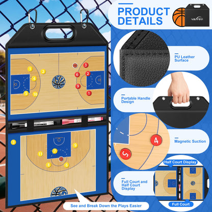 Wsixsui Magnetic Basketball Coaching Board | Foldable Leather Basketball Clipboard Kit for Coaches | Professional Basketball Tactic Board | Dry Erase Strategy Whiteboard | Carry Handle | Lightweight