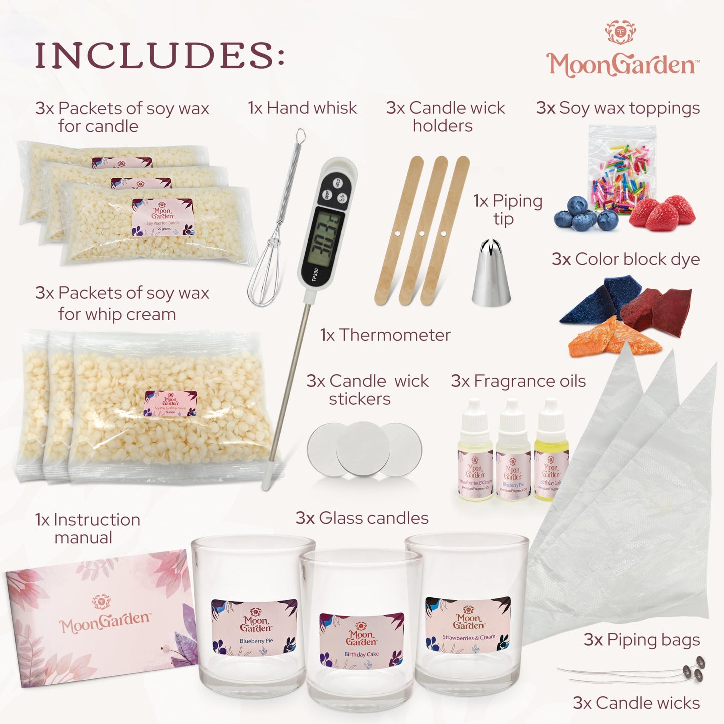 Moon Garden Candle Making Kit, Dessert Theme DIY Candle Kit for Adults, Fragrence Oils, Soy Wax Whip Cream and Toppings, The Complete Craft Set - Gift for All Loved Ones