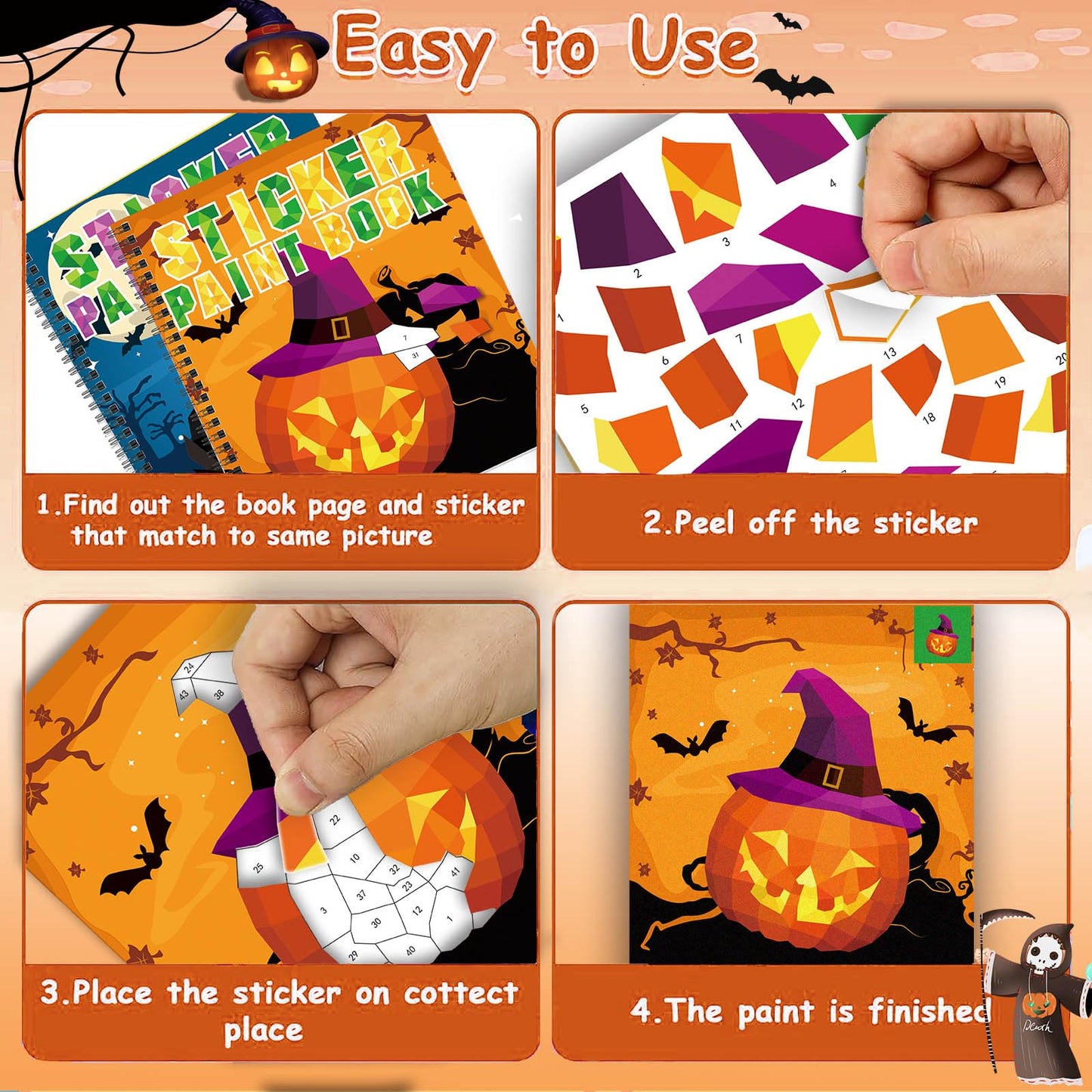 Omgouue 2PCS Halloween Crafts for Kids Ages 4-8 Sticker Paint Books Includes Pumpkins Spiders Tombstones and More Designs Gift Party Create 20 Pictures Sticker Sheets are Separate