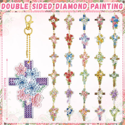 Huquary 30 Pcs Easter Diamond Art Keychains Cross Flower Diamond Painting Keychain Kits for Aldults Double Sided 5d Rhinestones Christian Hanging Key Chains for Beginners DIY Crafts Spring Party Gift
