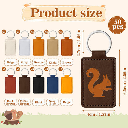 50 Pcs Blank Leather Keychains Bulk, Leather Blanks for Laser Engraving, Rectangular DIY Key Fob Kit with Metal Rings for Stamping Crafts, Personalized Gifts for Men Women