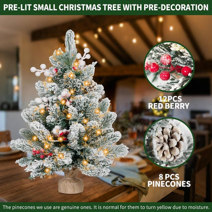 RIDGEPOLE 2FT Pre-lit Mini Christmas Snow Flocked Tree,Tabletop Artificial Christmas Tree with LED Lights, Small Xmas Pine Tree with Cloth Bag Base for Christmas Decor,12 PCS Berry & 8 Pinecones
