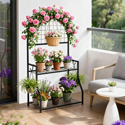 2 VGMiu Tier Plant Stand Indoor Outdoor, Metal Plant Display Stand Plants Shelf Rack for Multiple Plants, Black Flower