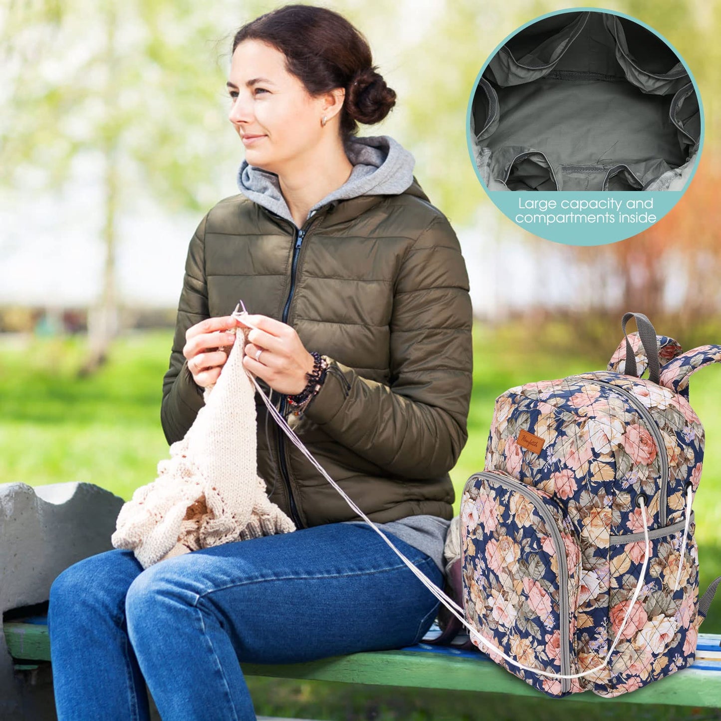 Hanfetch Yarn Storage Organizer Knitting Bag Backpack Large size with Grommets Portable Crochet Bag Yarn Keeper for Yarn Skeins， Crochet Hooks, Knitting Needles and Other Accessories (Peony)