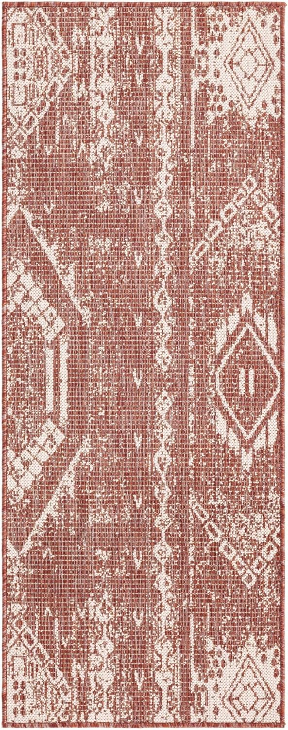 Unique Loom Outdoor Bohemian Collection Area Rug, Anthro, 2' x 5' 1" Runner, Rust Red/Ivory