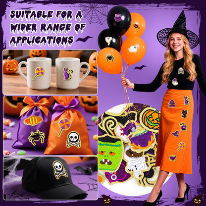 50 Pcs Halloween Patches Chenille Patches Self Adhesive Embroidered Autumn Halloween Pumpkin Ghost Skeleton Witch Hat Spider Gravestone Zombie Stick on Patch Stickers for Backpacks Hats Bags Jackets