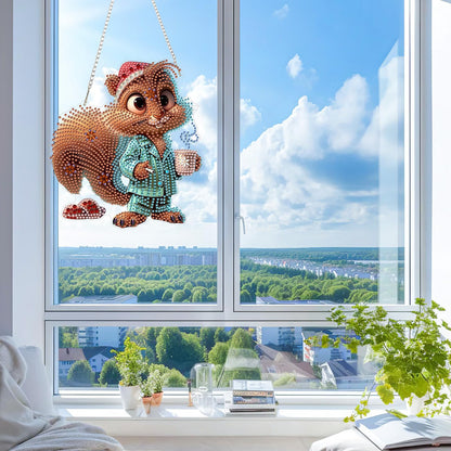 KEYIFA Coffee Addiction Diamond Art Hanging Kits with Chain, Special Shaped Drill Diamond Painting Pendant, Squirrel Crystal Gem Art Pendant 5D Window Crafts for Wall Garden Door Decor (Width 7.9 in)