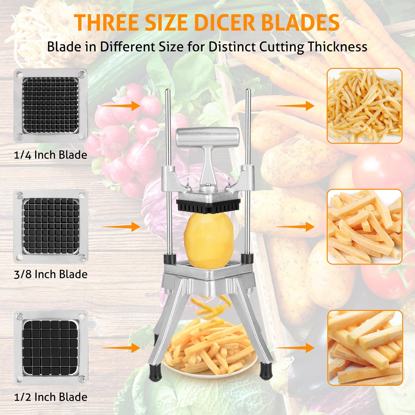 WICHEMI Commercial Chopper Vegetable Cutter Fruit Dicer w/3 Blades Commercial Onion Chopper Dicer Professional Food Dicer Heavy Duty Stainless Steel French Fry Cutter for Home Kitchen Restaurant Use