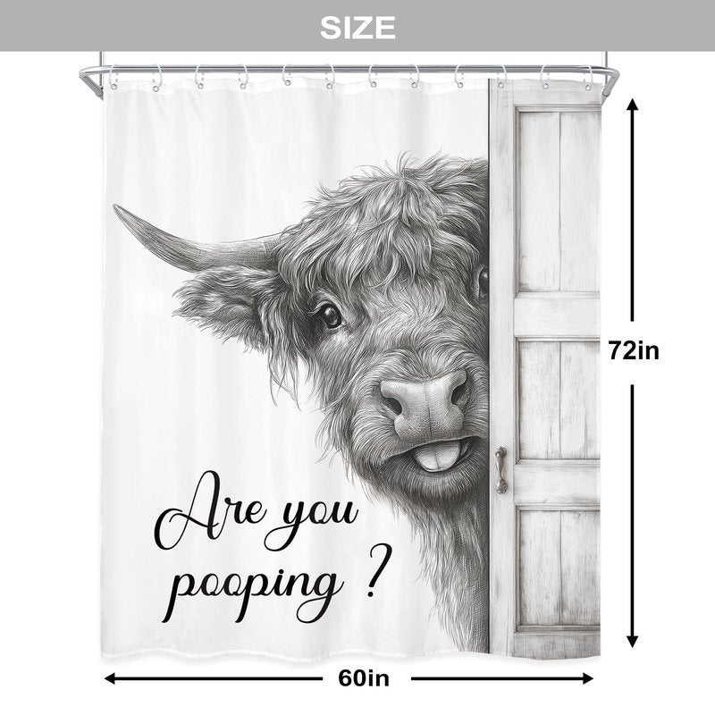 Newsely Funny Highland Cow Shower Curtain 60Wx72L Inch Black and White Rustic Farmhouse Wooden Door Bathroom Set Humorous are You Pooping Waterproof Bath Decoration Accessories Home Decor