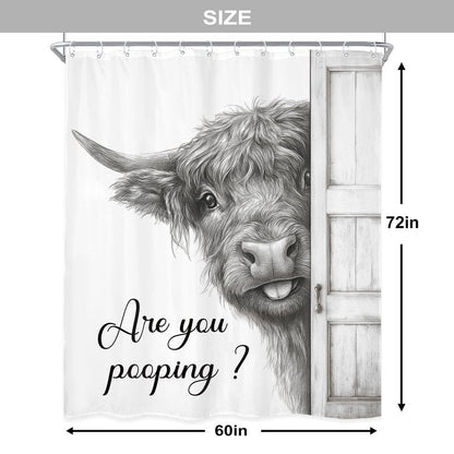 Newsely Funny Highland Cow Shower Curtain 60Wx72L Inch Black and White Rustic Farmhouse Wooden Door Bathroom Set Humorous are You Pooping Waterproof Bath Decoration Accessories Home Decor