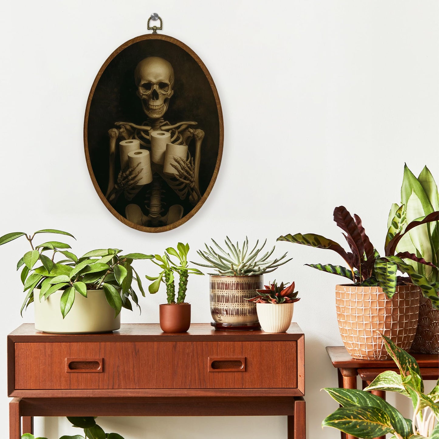 WULQYING Funny Gothic Skeleton Bathroom Wall Art Decor, Dark Academia Skeleton Oval Framed Canvas Art Prints, Halloween Wall Hanging Decor for Home Bathroom Washroom Restroom Toilet, 8.6x11.4 Inches