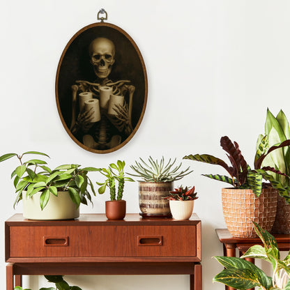 WULQYING Funny Gothic Skeleton Bathroom Wall Art Decor, Dark Academia Skeleton Oval Framed Canvas Art Prints, Halloween Wall Hanging Decor for Home Bathroom Washroom Restroom Toilet, 8.6x11.4 Inches