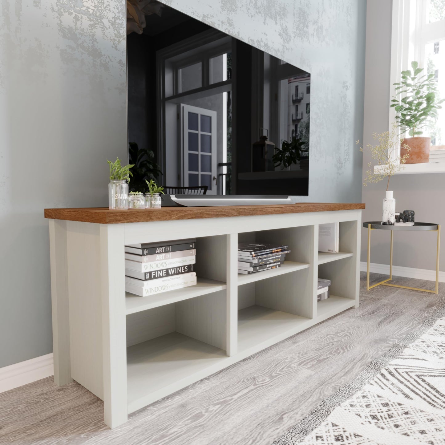 Flash Furniture Kilead Farmhouse TV Stand for up to 80" TVs-65 Engineered Wood Media Console with Open Storage, 65", Walnut Top/White Frame