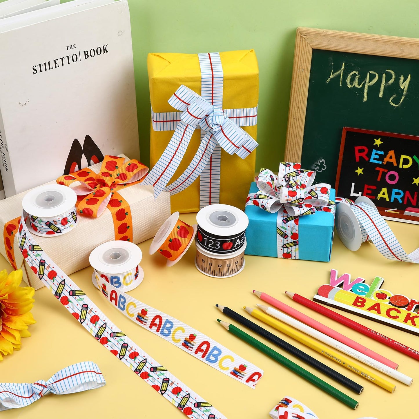 DECYOOL 6 Rolls Back to School Ribbon 36 Yards Teacher Appreciation Gift Wrapping Ribbon 7/8 inch Wide ABC Pencil Apples Ruler Craft Ribbon for Classroom Decorations DIY Project Supplies