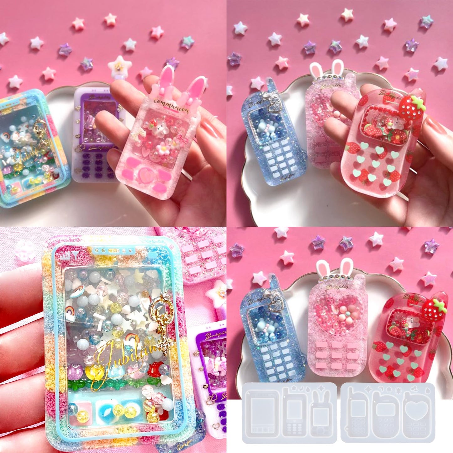 FUNSHOWCASE Resin Shaker Molds Set Mobile Phones Keychain Charm Pack of 8 Silicone Trays Seal Films Precision Tip Applicator Bottle Kit Bundle