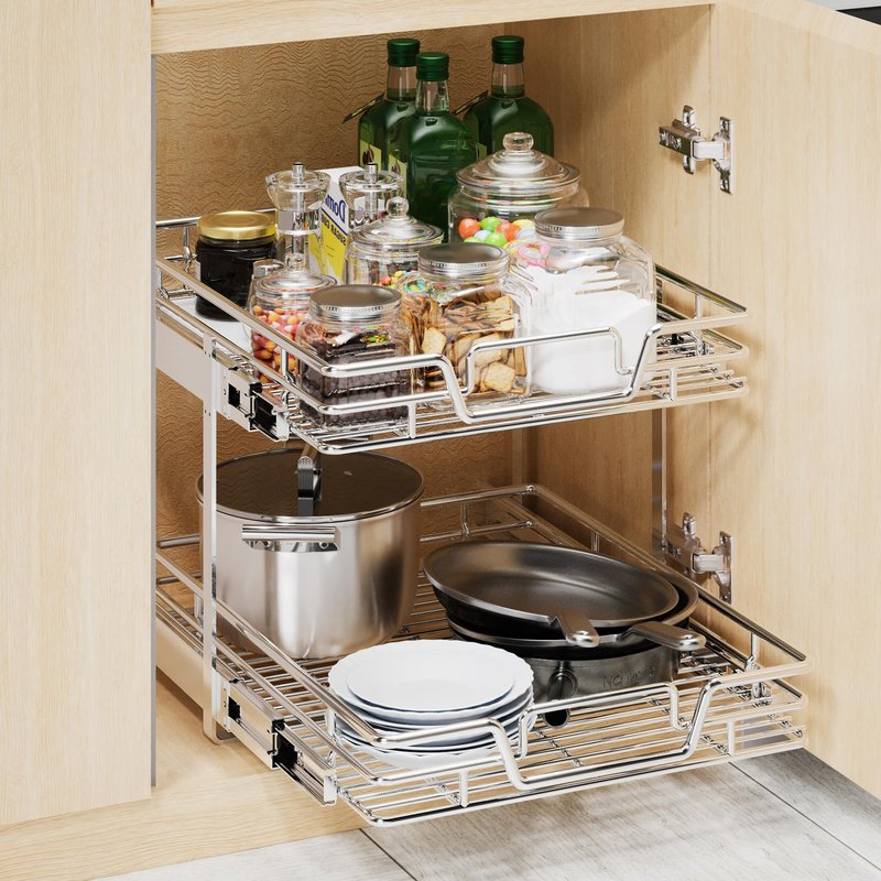 QUYUWU 2-Tier Kitchen Cabinet Pull Out Cabinet Organizer,Shelf and Drawer Organizer Slide Out Pantry Storaqe Basket in Multiple Sizes (17" W x 21" D)