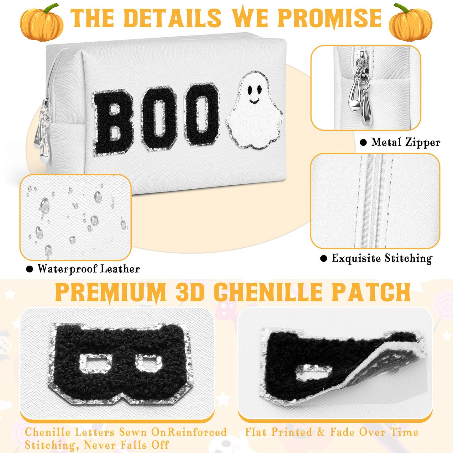 Dripkiaa Halloween Makeup Bag Chenille Patch Travel Cosmetic Bag Organizer Large Capacity Toiletry Bag Make Up Bags Cosmetic Pouch, Boo Basket Gifts for Women, Girls - White