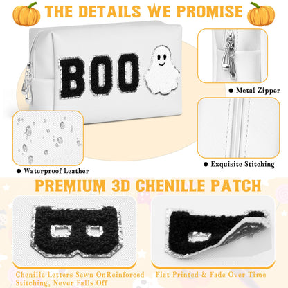 Dripkiaa Halloween Makeup Bag Chenille Patch Travel Cosmetic Bag Organizer Large Capacity Toiletry Bag Make Up Bags Cosmetic Pouch, Boo Basket Gifts for Women, Girls - White