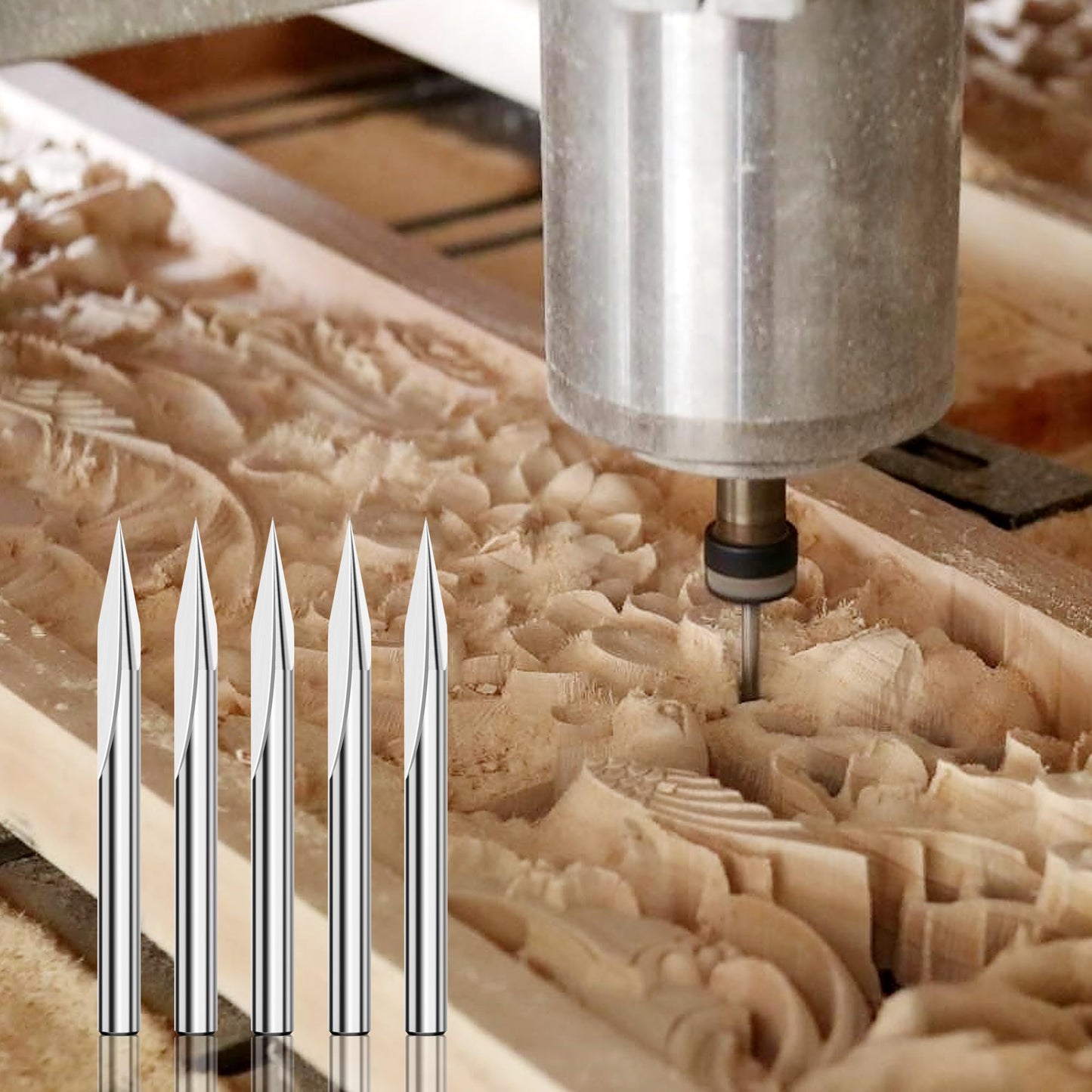 HUHAO 5PCS CNC Wood Carving Router Bit Set,20 Degree Engraving 1/8 Inch Shank V Bit 2 Flute 0.1mm Tip Carbide V Bit for Acrylic Metals Wood MDF PVC