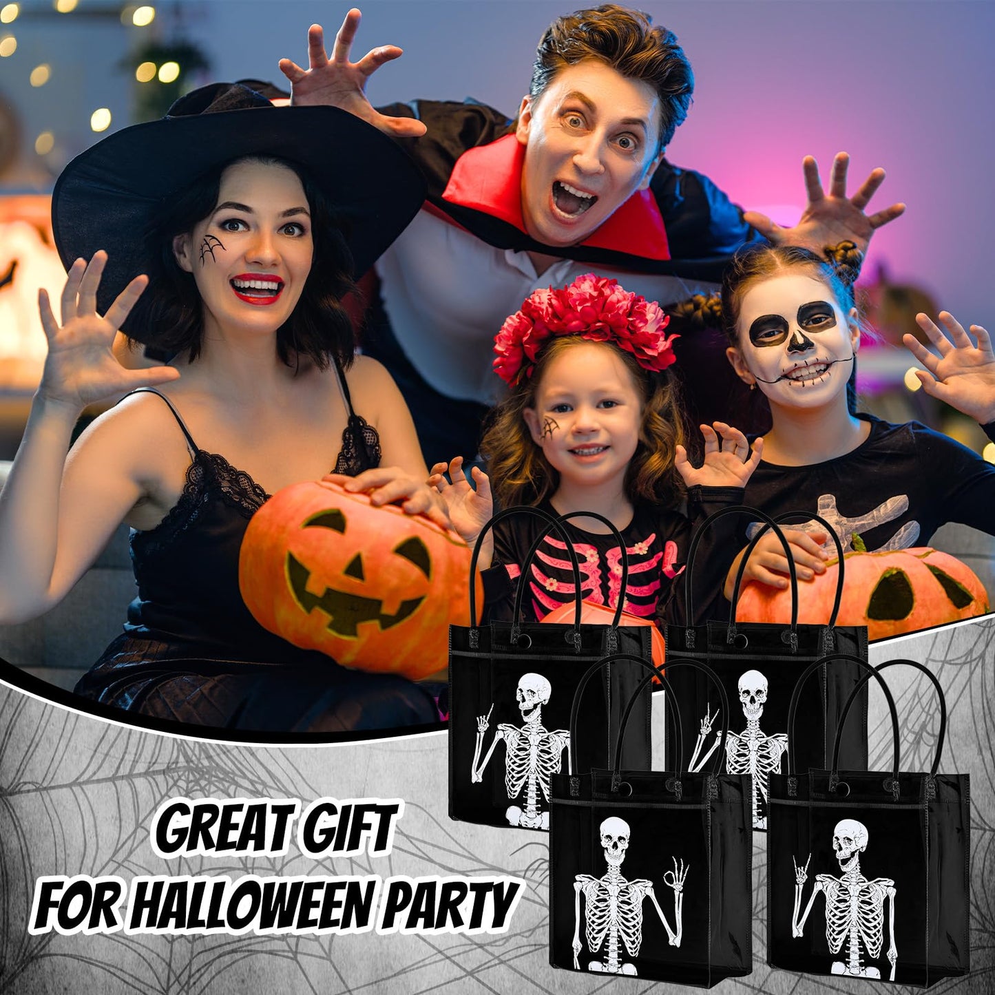 Whaline 12 Pcs Halloween Skeleton PVC Gift Bags Black White Skeleton Party Favor Bags with Handles Day of the Dead Reusable Clear Treat Tote Bag for Trick or Treat Holiday Birthday Party Supplies