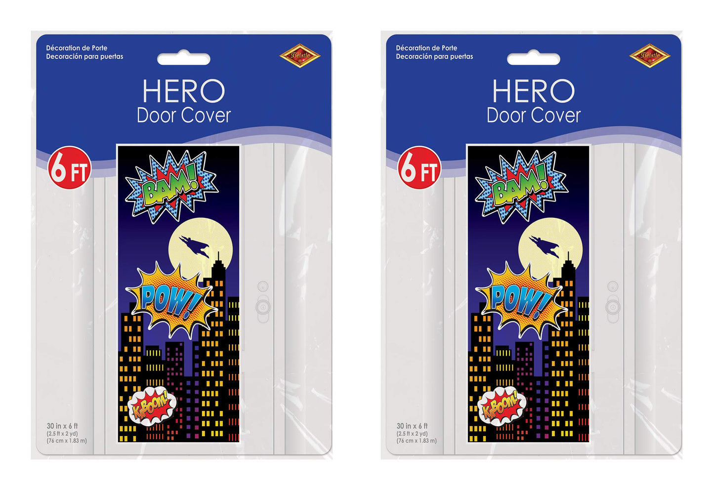 Beistle 2-Piece Hero Door Covers, Superhero Themed Party Decorations, Comic Book Hero Party Accessories, Action Hero Party Supplies, 30" x 6'