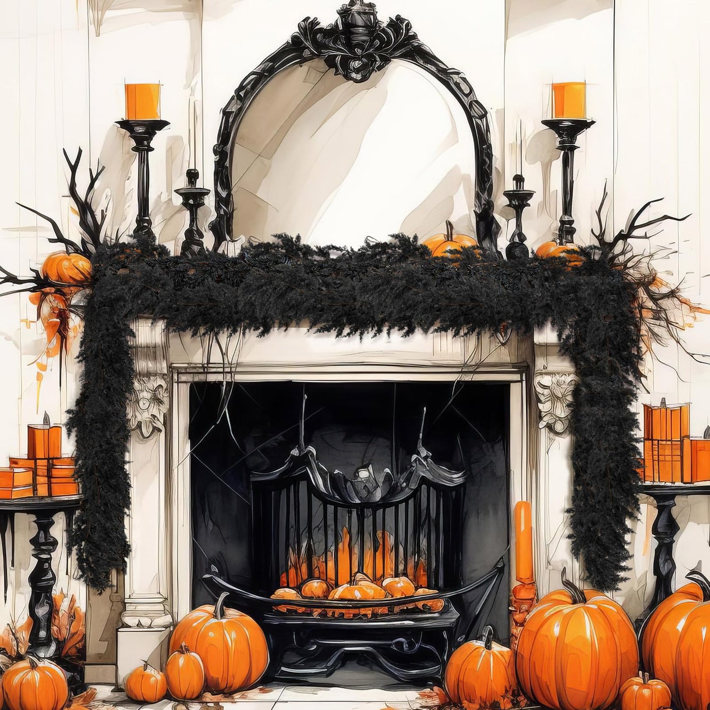 XunYee Black Halloween Garland 6 Feet Spooky Halloween Cedar Garland Mantel Fireplace Artificial Faux Trailing Realistic Gothic Hanging Vine Twigs for Thanksgiving Party Outdoor Indoor Home Decor