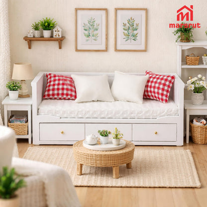 Miniature Dollhouse Daybed, 1/12 Scale Couch, Upholstered Wooden Fabric Sofa with Pillows, Mini Loveseat Sofa Furniture Set for 6 Inch Dolls, Modern Living Room Realistic Model DecorationAccessories